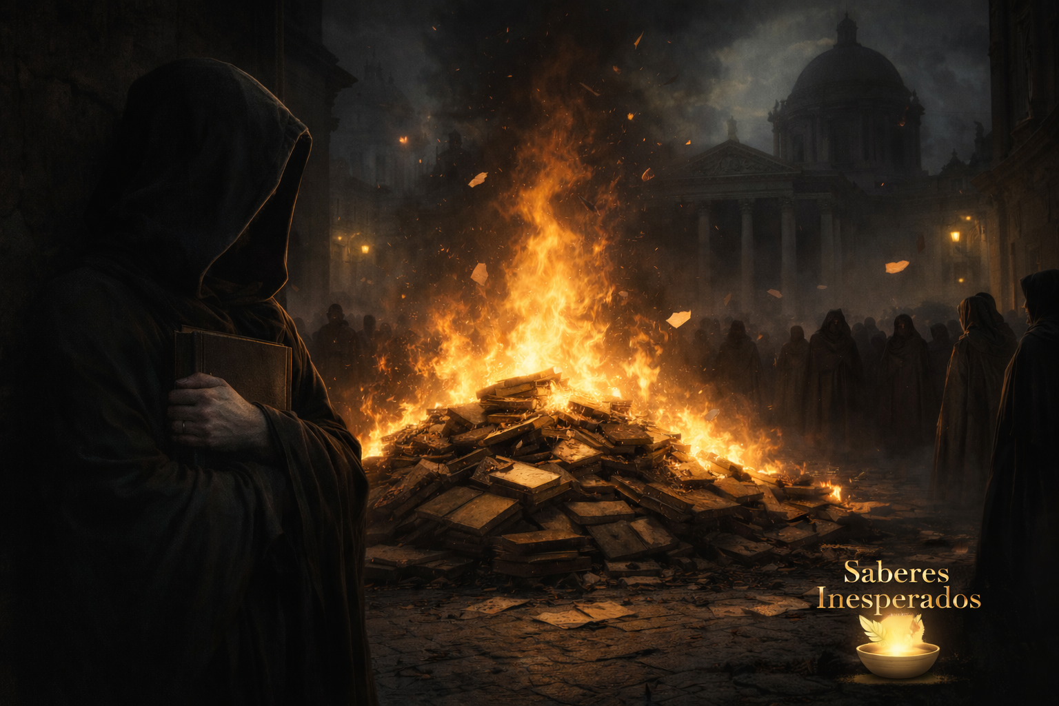 Hoguera de libros en una plaza mientras una figura oculta protege un ejemplar, representación del miedo al conocimiento.