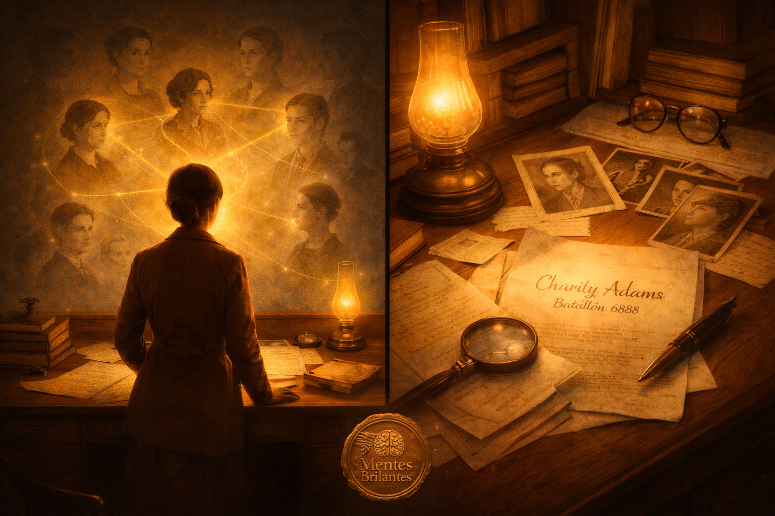 Mapa de Mentes Brillantes: escena de hallazgo histórico y red de pensadores conectados por la luz