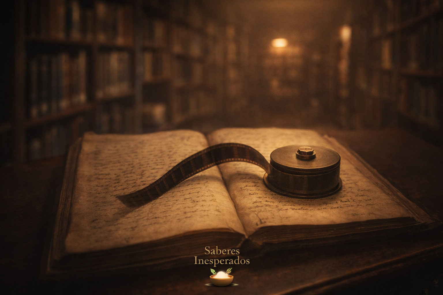 saberes inesperados, Libro antiguo abierto en una biblioteca en penumbra con un carrete de microfilm desenrollado sobre sus páginas.