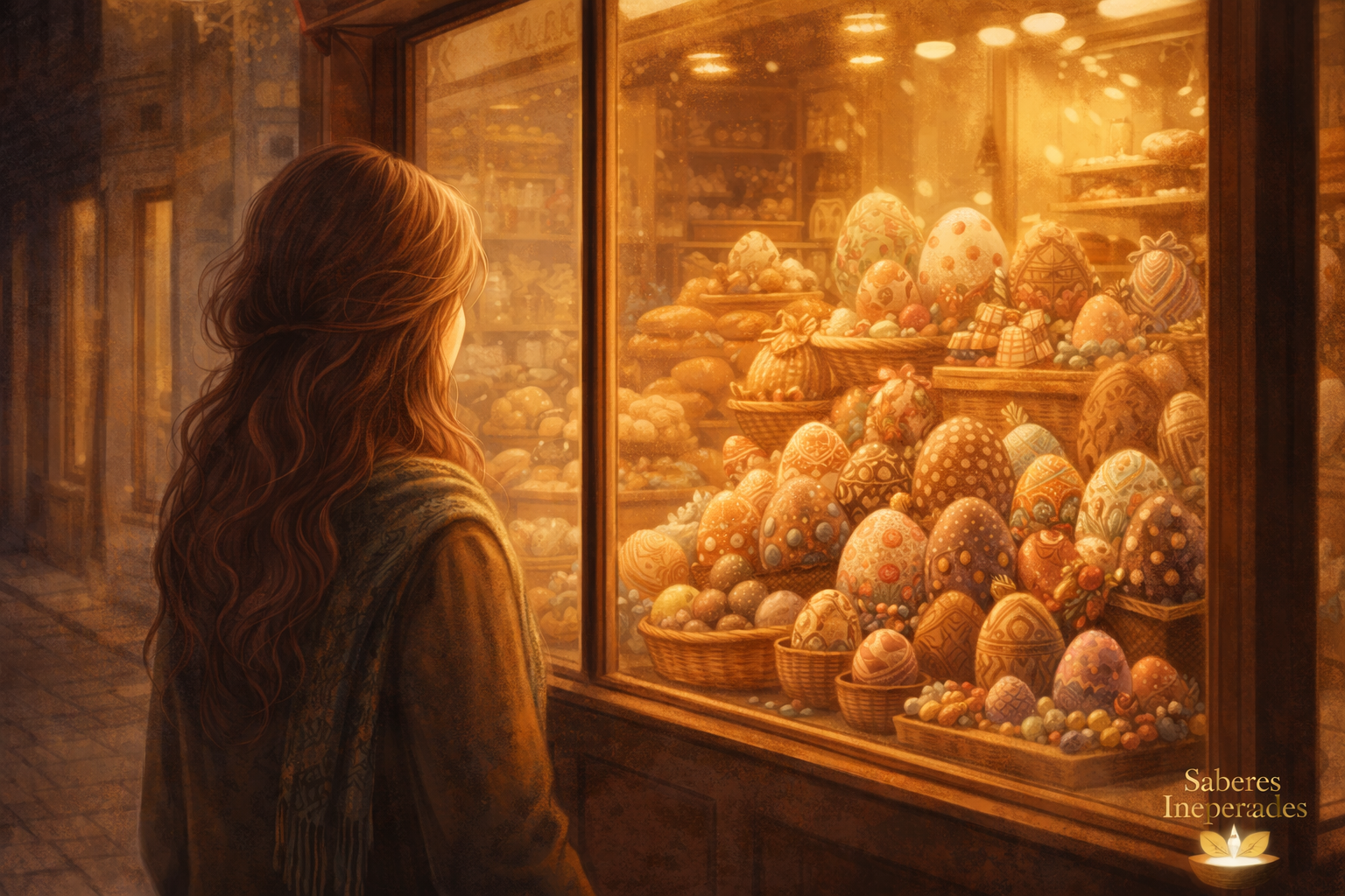 Escaparate de pastelería con huevos de Pascua decorados y mujer observando la escena